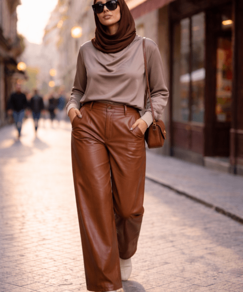 Wide Leg Leather Pants ( Brown )