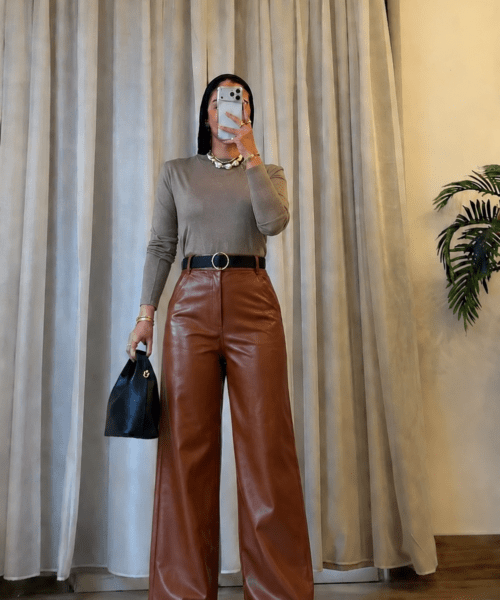 Wide Leg Leather Pants ( Brown )