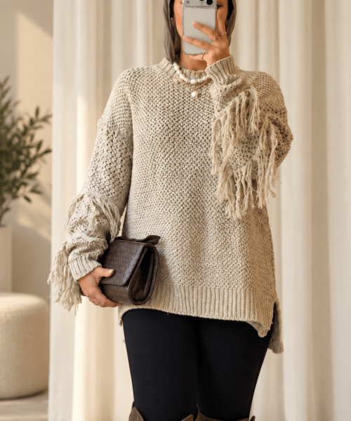 Fringe Knit Sweater (Beige)